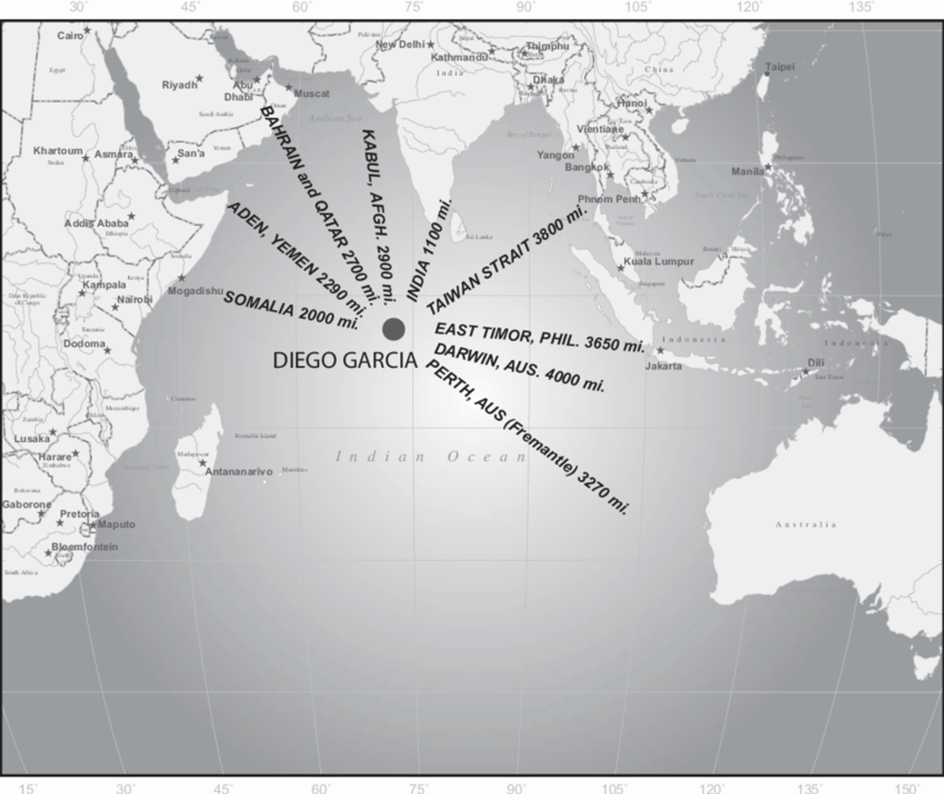 Map of Diego Garcia highlighting its strategic significance by showing distances to locations in Africa, the Middle East, Central Asia, India, the Taiwan Strait and Australasia. - Sputnik International, 1920, 02.04.2025