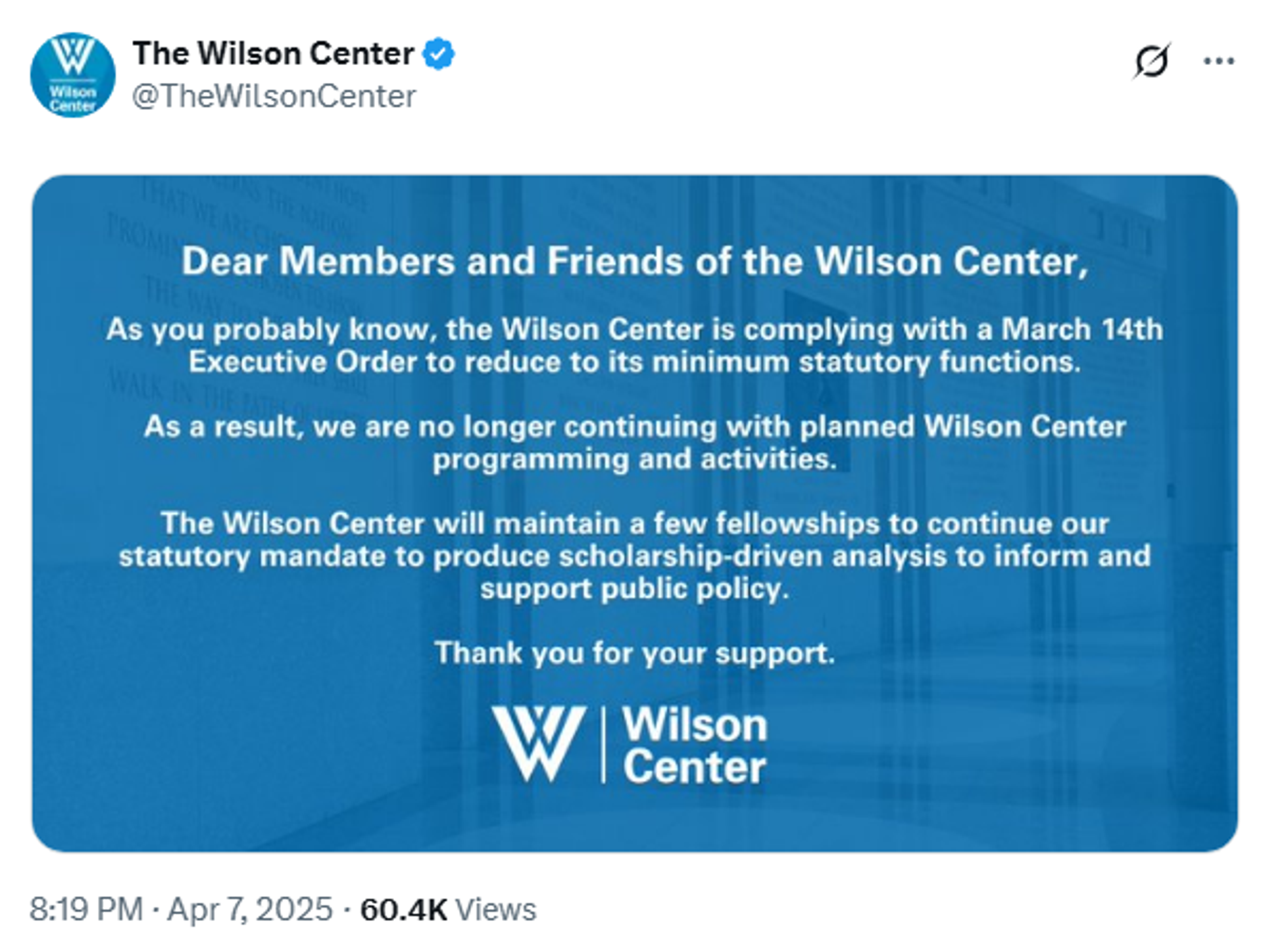 Screenshot of X post by the Wilson Center. - Sputnik International, 1920, 08.04.2025