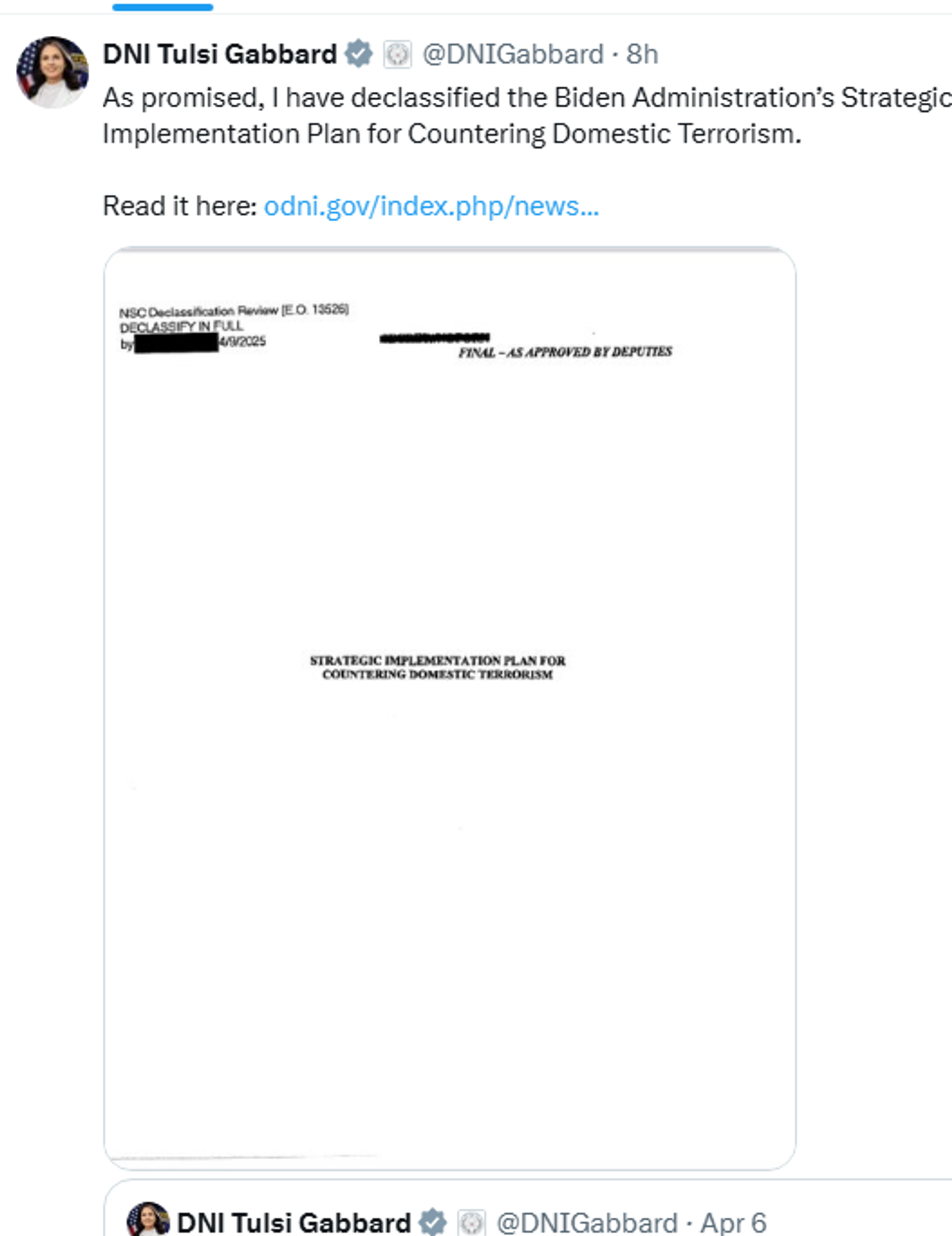 Screenshot of X post by US Director of National Intelligence Tulsi Gabbard. - Sputnik International, 1920, 17.04.2025