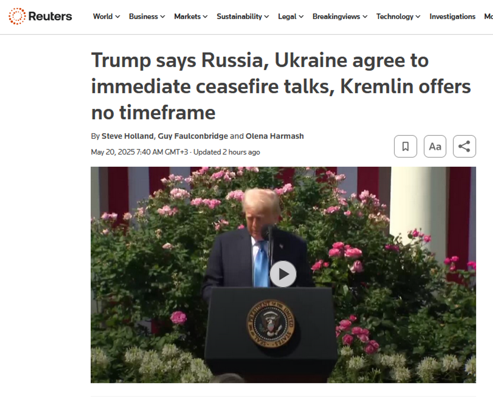Screenshot from story in Reuters. - Sputnik International, 1920, 20.05.2025