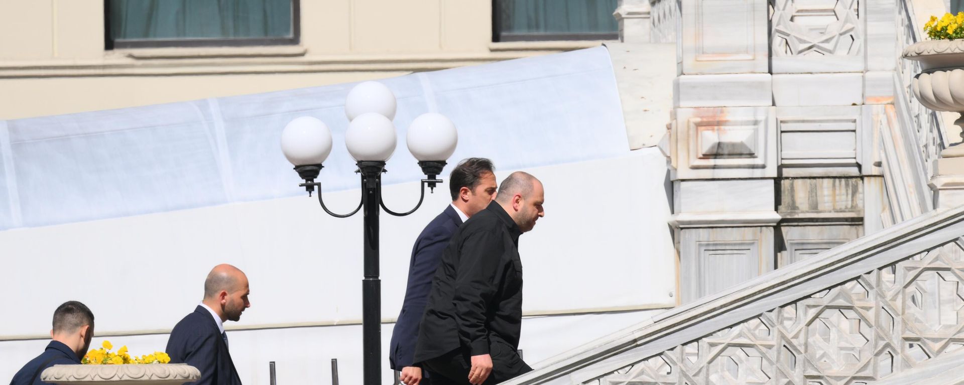 Members of the Ukrainian delegation walk up the stairs at the venue of the second round of the 2025 Istanbul peace talks in Turkiye, led by Ukrainian Defense Minister Rustem Umerov. - Sputnik International, 1920, 02.06.2025