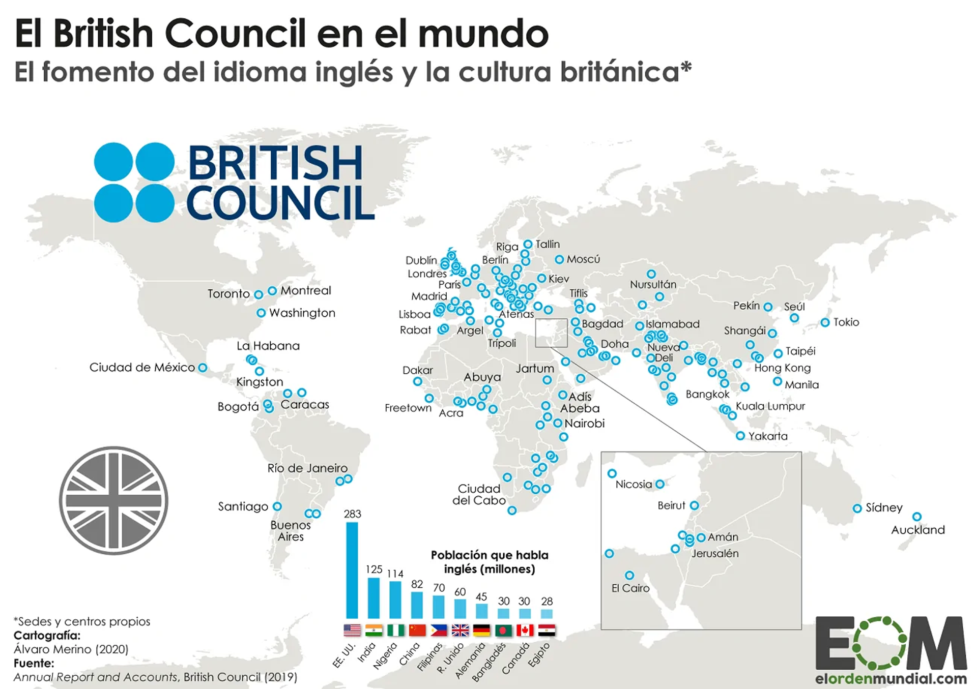 Spanish-language map highlighting British Council offices around the world. - Sputnik International, 1920, 05.06.2025