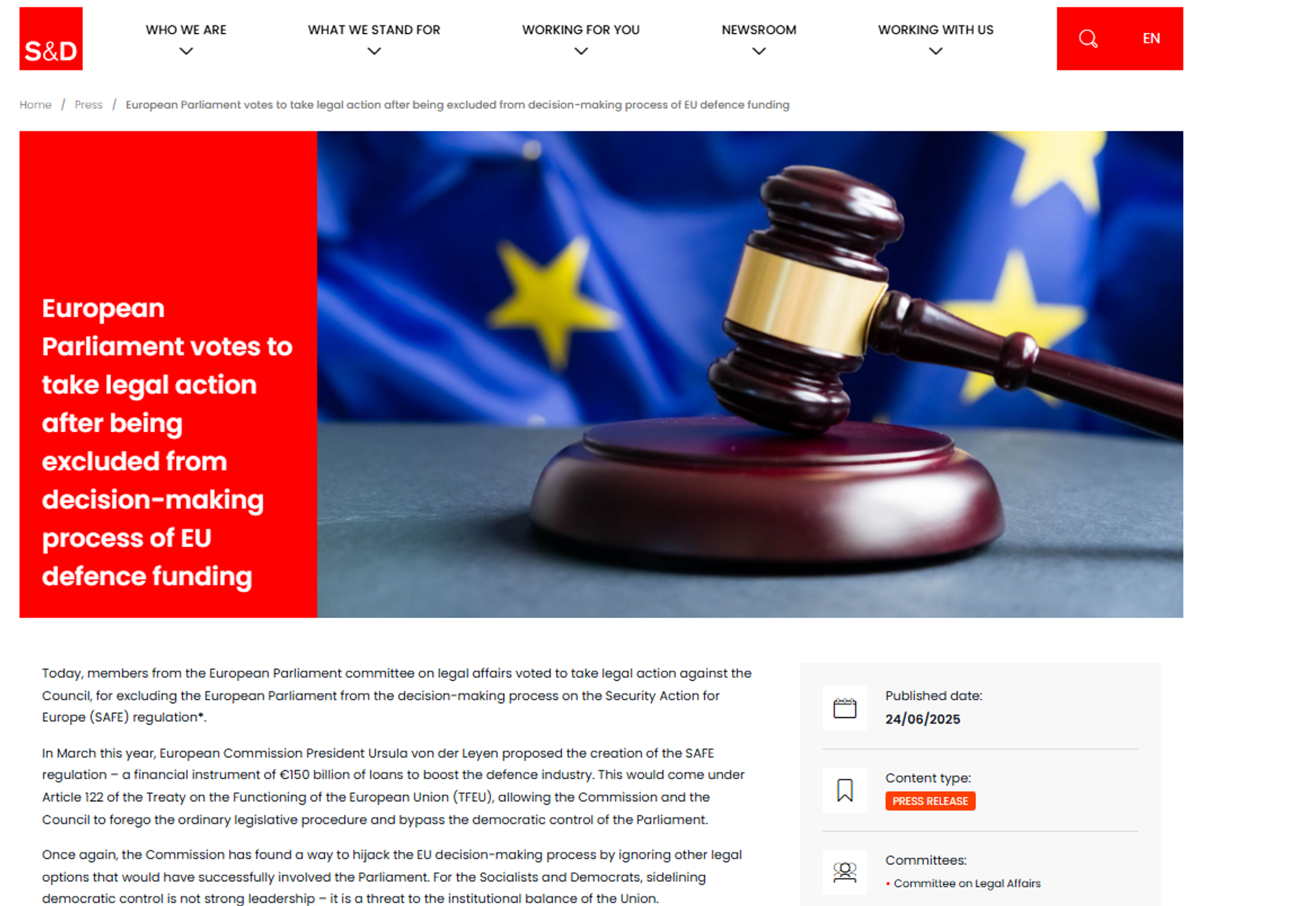 Screenshot of statement by the Progressive Alliance of Socialists and Democrats (S&D) Group in the European Parliament on a vote to take legal action after being excluded from decision-making process of EU defence funding. Screenshot of statement by the Progressive Alliance of Socialists and Democrats (S&D) Group in the European Parliament on a vote to take legal action after being excluded from decision-making process of EU defence funding. - Sputnik International, 1920, 26.06.2025