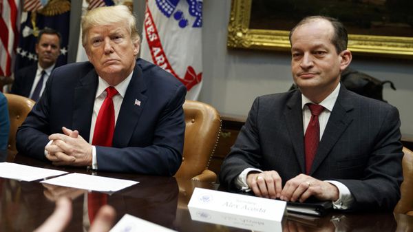 In this Sept. 17, 2018, file photo, President Donald Trump, left, and Labor Secretary Alexander Acosta listen during a meeting of the President's National Council of the American Worker in the Roosevelt Room of the White House in Washington - Sputnik International