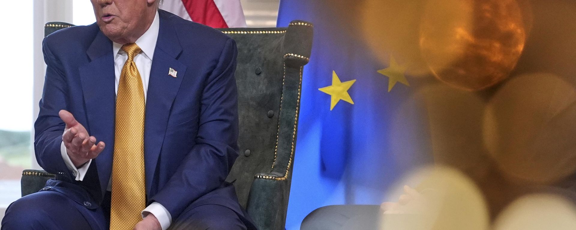 President Donald Trump speaks as he meets European Commission President Ursula von der Leyen at the Trump Turnberry golf course in Turnberry, Scotland Sunday, July 27, 2025.  - Sputnik International, 1920, 28.07.2025