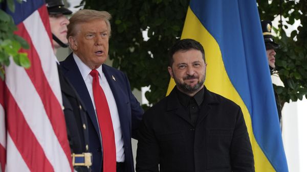 President Donald Trump greets Ukraine's Volodymyr Zelensky at the White House, Monday, Aug. 18, 2025, in Washington. - Sputnik International