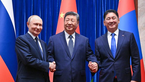 September 2, 2025 — Russian President Vladimir Putin, Chinese President Xi Jinping, and Mongolian President Ukhnaagiin Khürelsükh (left to right) during a joint photo session in Beijing.
 - Sputnik International