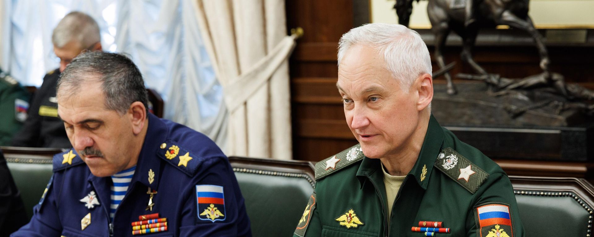 Russian Defence Minister Andrei Belousov attends a meeting with Chief of the General Staff of the Libyan National Army Khaled Haftar in Moscow, Russia. Deputy Defence Minister Yunus-Bek Yevkurov, is at left. Russian Defence Minister Andrei Belousov attends a meeting with Chief of the General Staff of the Libyan National Army Khaled Haftar in Moscow, Russia. Deputy Defence Minister Yunus-Bek Yevkurov, is at left. - Sputnik International, 1920, 05.09.2025