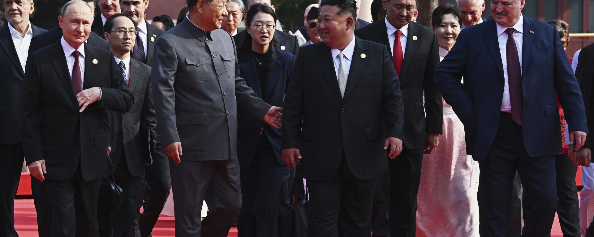 Front from left, Russian President Vladimir Putin, Chinese President Xi Jinping, North Korean leader Kim Jong Un and Belarusian President Alexander Lukashenko arrive at a military parade to commemorate the 80th anniversary of Japan's World War II surrender in Beijing, China, Wednesday, Sept. 3, 2025. Front from left, Russian President Vladimir Putin, Chinese President Xi Jinping, North Korean leader Kim Jong Un and Belarusian President Alexander Lukashenko arrive at a military parade to commemorate the 80th anniversary of Japan's World War II surrender in Beijing, China, Wednesday, Sept. 3, 2025. - Sputnik International, 1920, 07.09.2025