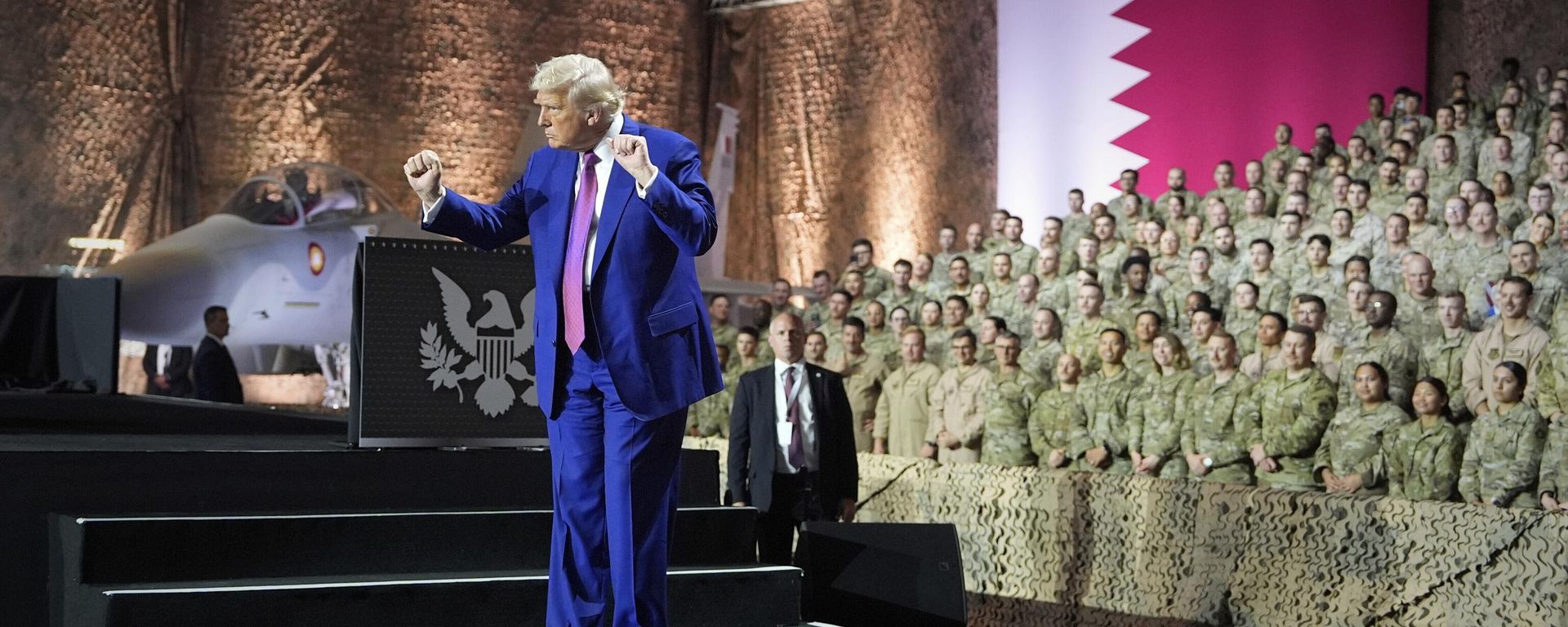 President Donald Trump gestures after speaking at the Al Udeid Air Base, Thursday, May 15, 2025, in Doha, Qatar.  - Sputnik International, 1920, 12.09.2025