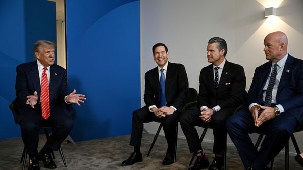 US President Donald Trump, left, speaks next to, from left, US Secretary of State Marco Rubio, US Defence Secretary Pete Hegseth and US' ambassador to NATO Matthew Whitaker, during a meeting with NATO Secretary General Mark Rutte at the NATO summit of heads of state and government in The Hague, Netherlands, Wednesday, June 25, 2025 US President Donald Trump, left, speaks next to, from left, US Secretary of State Marco Rubio, US Defence Secretary Pete Hegseth and US' ambassador to NATO Matthew Whitaker, during a meeting with NATO Secretary General Mark Rutte at the NATO summit of heads of state and government in The Hague, Netherlands, Wednesday, June 25, 2025 - Sputnik International