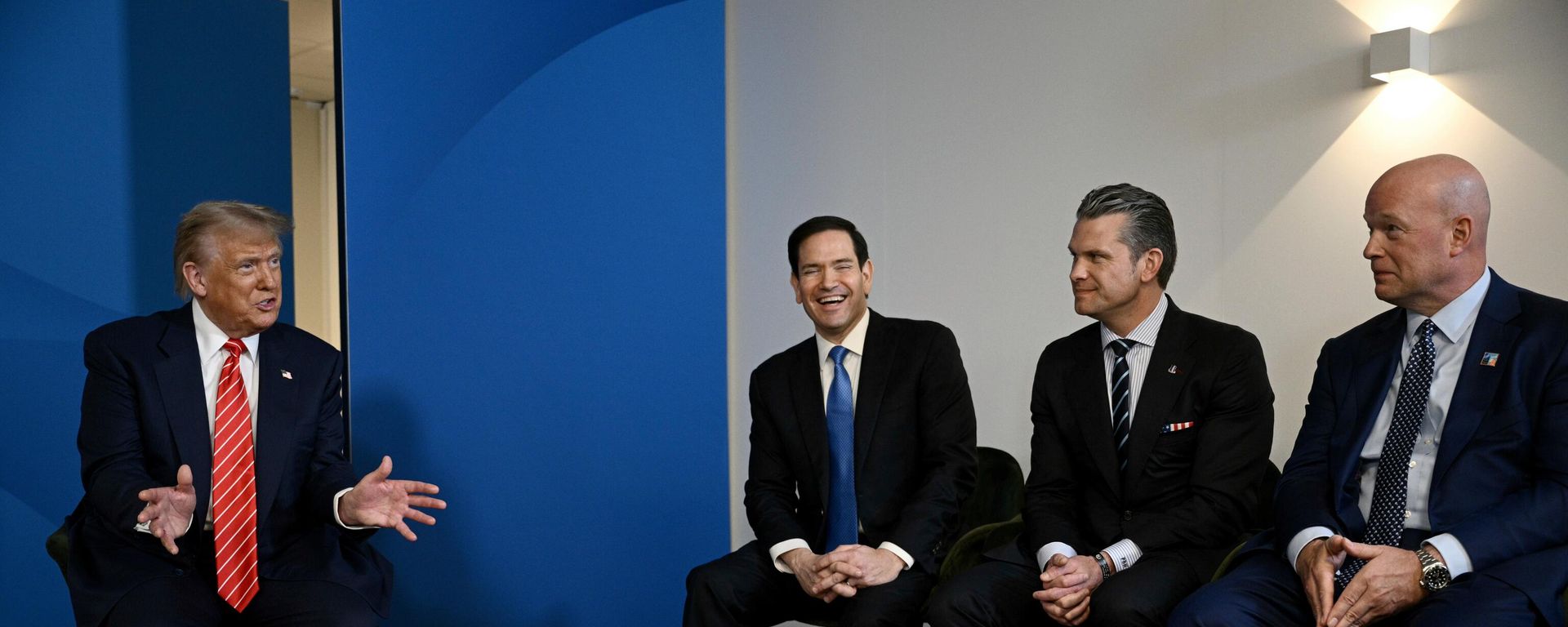 US President Donald Trump, left, speaks next to, from left, US Secretary of State Marco Rubio, US Defence Secretary Pete Hegseth and US' ambassador to NATO Matthew Whitaker, during a meeting with NATO Secretary General Mark Rutte at the NATO summit of heads of state and government in The Hague, Netherlands, Wednesday, June 25, 2025 US President Donald Trump, left, speaks next to, from left, US Secretary of State Marco Rubio, US Defence Secretary Pete Hegseth and US' ambassador to NATO Matthew Whitaker, during a meeting with NATO Secretary General Mark Rutte at the NATO summit of heads of state and government in The Hague, Netherlands, Wednesday, June 25, 2025 - Sputnik International, 1920, 18.09.2025