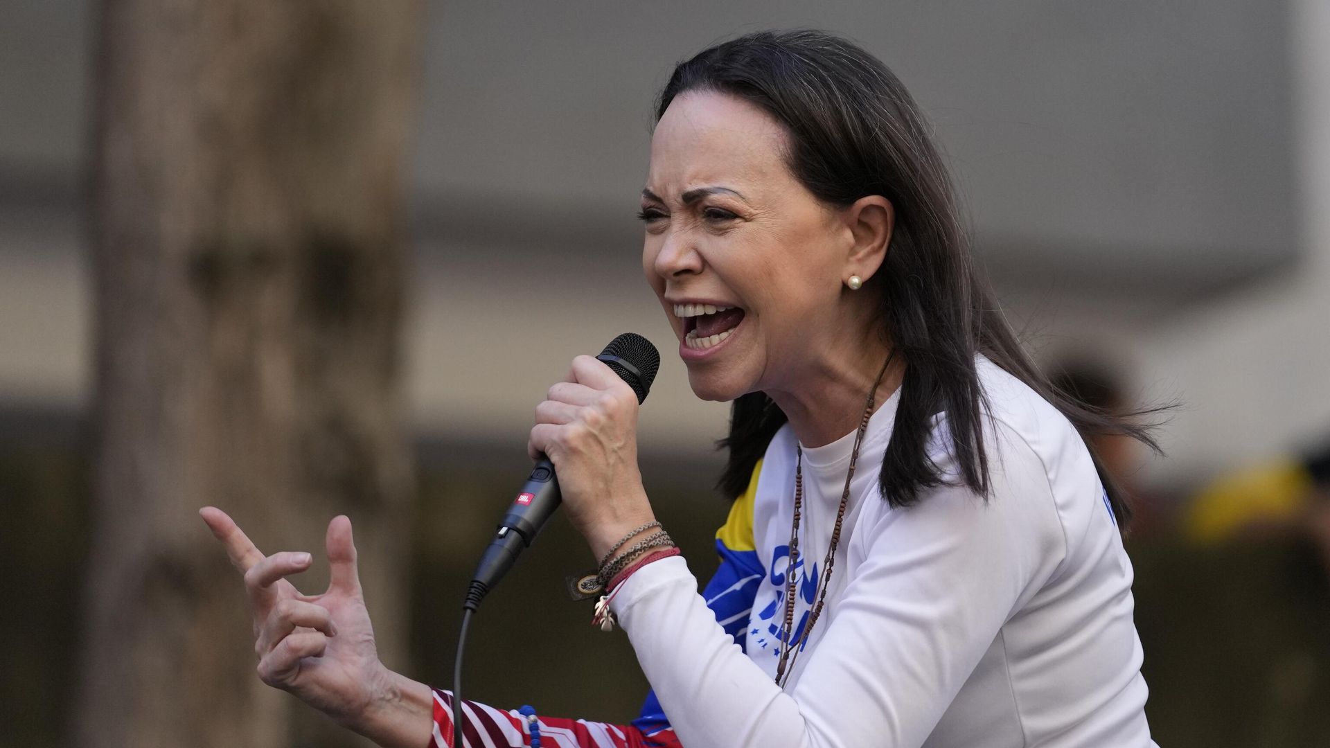 Opposition leader Maria Corina Machado addresses supporters during a protest against President Nicolas Maduro the day before his inauguration for a third term in Caracas, Venezuela, Thursday, Jan. 9, 2025. (AP Photo/Matias Delacroix) - Sputnik International, 1920, 10.10.2025