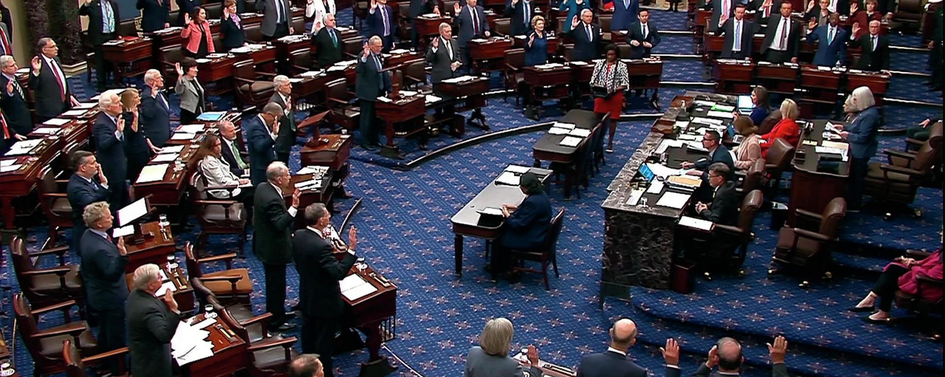 In this image from video from Senate Television, Sen. Patty Murray, D-Wash., swears senators in for the impeachment trial of Homeland Security Secretary Alejandro Mayorkas on the Senate floor at the US Capitol, Wednesday, April 17, 2024, in Washington - Sputnik International, 1920, 16.04.2026