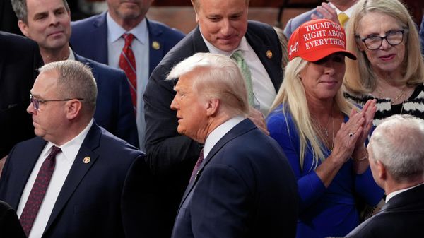 President Donald Trump arrives after being greeted by Rep. Marjorie Taylor Greene - Sputnik International