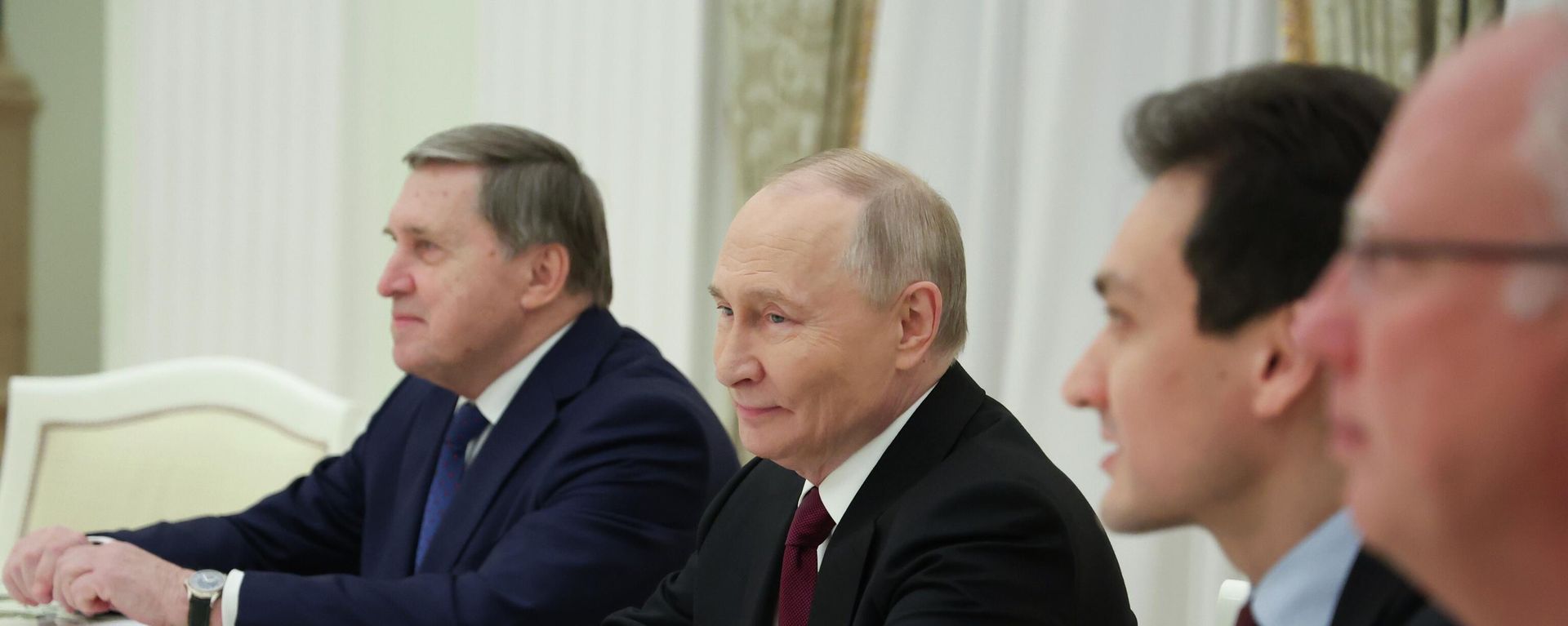 Russian President Vladimir Putin, center, Russian Presidential foreign policy adviser Yuri Ushakov, left, and Russian Direct Investment Fund CEO Special Presidential Representative for Investment and Economic Cooperation with Foreign Countries Kirill Dmitriev, right, attend the talks with U.S. special envoy Steve Witkoff and Jared Kushner, U.S. President Donald Trump's son-in-law, at the Senate Palace of the Kremlin in Moscow, Russia, Tuesday, Dec. 2, 2025. (Alexander Kazakov, Sputnik, Kremlin Pool Photo via AP) - Sputnik International, 1920, 05.09.2026
