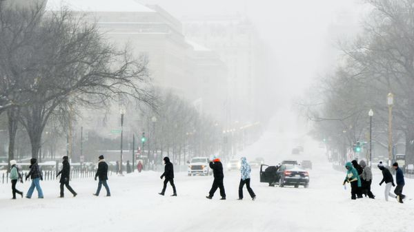 People cross a street during a snowstorm, Sunday, Jan. 25, 2026, in Washington - Sputnik International