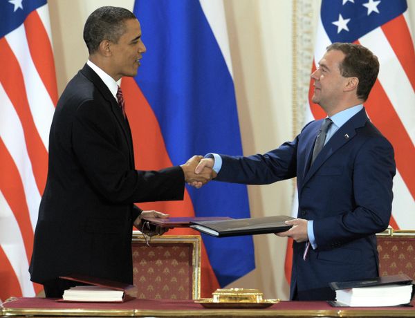 Then-US President Barack Obama and then-Russian President Dmitry Medvedev after signing the New START Treaty at Prague Castle on April 8, 2010. Then-US President Barack Obama and then-Russian President Dmitry Medvedev after signing the New START Treaty at Prague Castle on April 8, 2010. - Sputnik International
