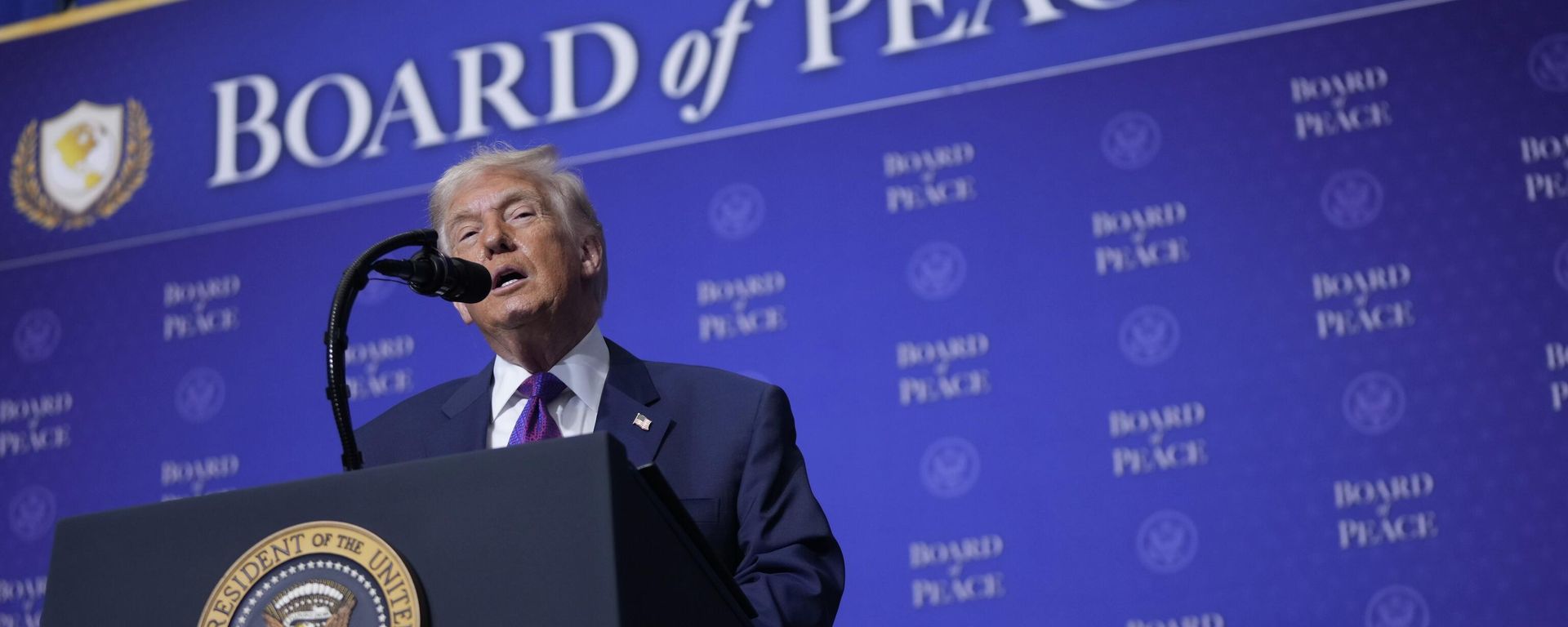 President Donald Trump speaks during a Board of Peace meeting at the U.S. Institute of Peace, Thursday, Feb. 19, 2026, in Washington. (AP Photo/Mark Schiefelbein) - Sputnik International, 1920, 21.03.2026