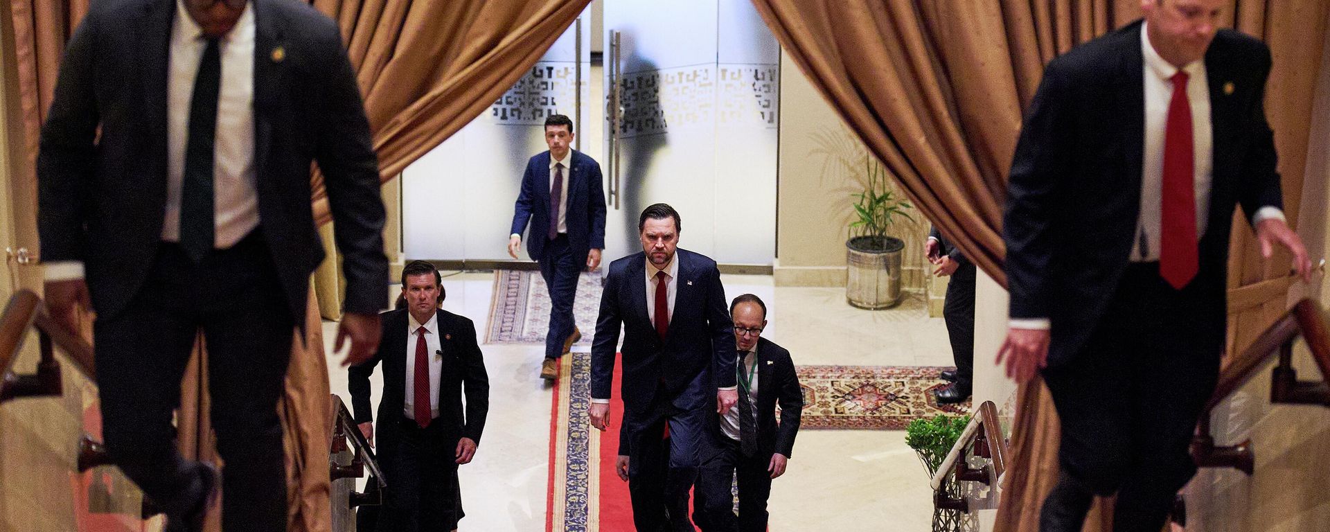 U.S. Vice President JD Vance, center, walks up a flight of stairs to meet with Pakistan's Prime Minister Shehbaz Sharif, Saturday, April 11, 2026, in Islamabad, for talks about Iran. - Sputnik International, 1920, 19.06.2026