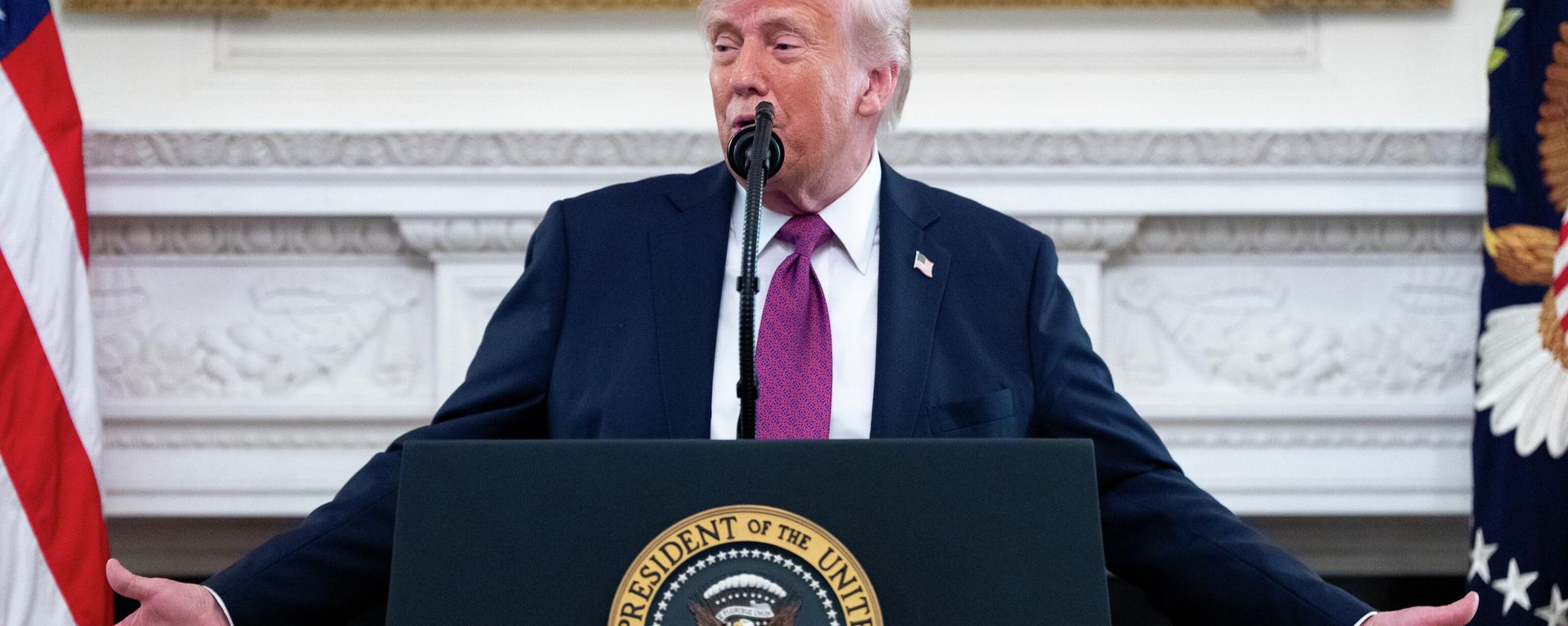 President Donald Trump speaks during an event for NCAA national champions in the State Dining Room of the White House, Tuesday, April 21, 2026, in Washington. (AP Photo/Alex Brandon) - Sputnik International, 1920, 06.07.2026