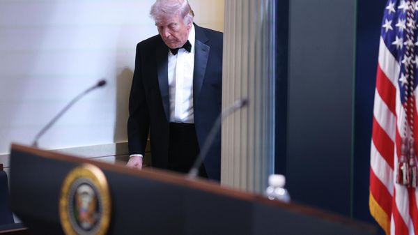 President Donald Trump arrives at the James Brady Press Briefing Room at the White House after an unspecified threat at the annual White House Correspondents' Association Dinner in Washington, Saturday, April 25, 2026. - Sputnik International