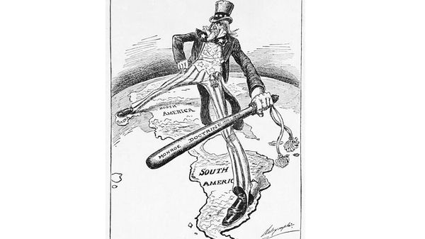 Monroe Doctrine cartoon showing the figure of Uncle Sam towering over the Western Hemisphere, one foot in North America and the other in South America. Monroe Doctrine cartoon showing the figure of Uncle Sam towering over the Western Hemisphere, one foot in North America and the other in South America. - Sputnik International