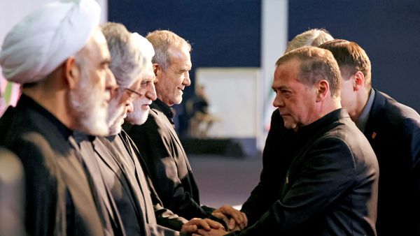 Russian Deputy Security Council Chairman Dmitry Medvedev participates in the funeral ceremony for the late Ayatollah Ali Khamenei. Tehran, July 3, 2026 - Sputnik International
