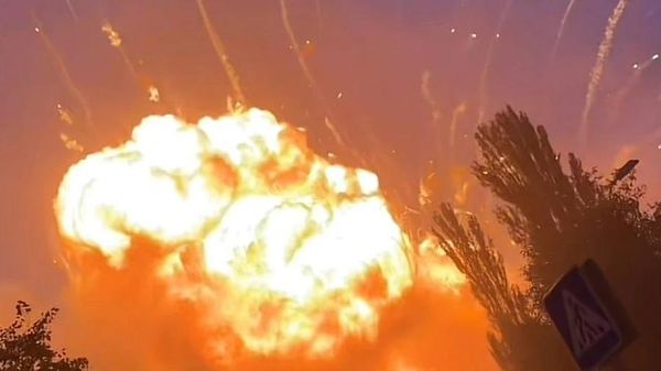 Screenshot from a social media video of explosions in Vyshnevoe, Kiev region after Russian forces struck a massive arms depot. - Sputnik International