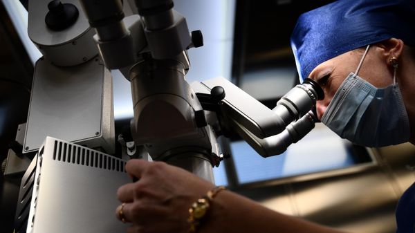 A surgical nurse demonstrates the operation of a microscope in the new operating room. - Sputnik International