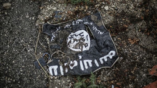 Flag of the Islamic State in the conflict zone in Latakia, Syria Flag of the Islamic State in the conflict zone in Latakia, Syria - Sputnik International
