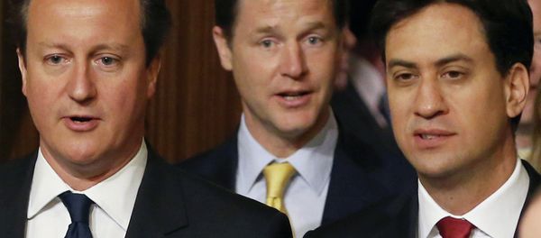 British Prime Minister David Cameron, left, Deputy Prime Minister and leader of the Liberal Democrats Nick Clegg, centre, and Leader of the Labour Party Ed Miliband. - Sputnik International