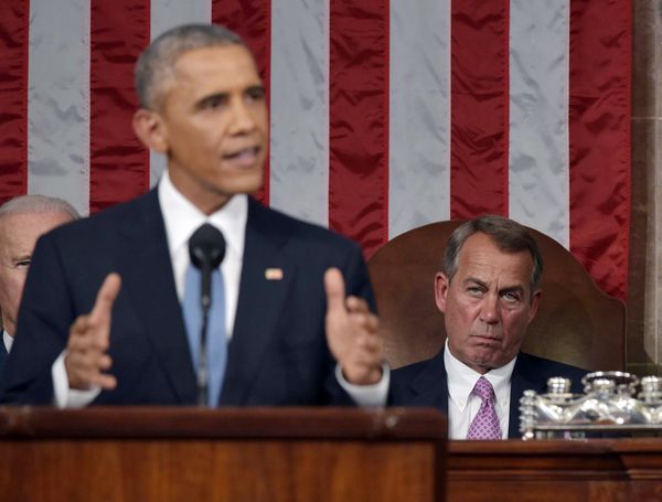 President Barack Obama delivers his State of the Union address to a joint session of Congress on Capitol Hill on Tuesday, Jan. 20, 2015, in Washington, as House Speaker John Boehner of Ohio, listens in the background. - Sputnik International