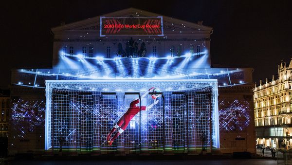 The official 2018 FIFA World Cup logo presentation at the Bolshoi Theater's facade in Moscow. The official 2018 FIFA World Cup logo presentation at the Bolshoi Theater's facade in Moscow. - Sputnik International