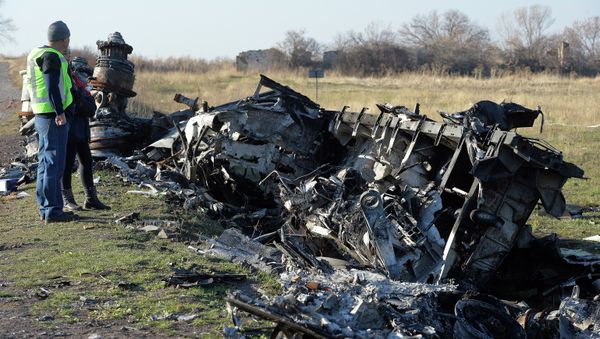 Members of the Organisation for Security and Cooperation in Europe stand near belongings and wreckage at the site where the downed Malaysia Airlines flight MH17 crashed Members of the Organisation for Security and Cooperation in Europe stand near belongings and wreckage at the site where the downed Malaysia Airlines flight MH17 crashed - Sputnik International