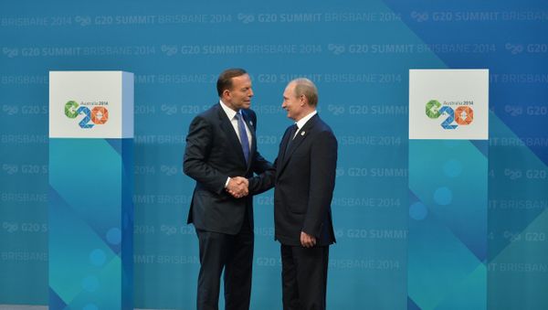 Russian President Vladimir Putin, right, and Australian Prime Minister Tony Abbott before the G-20 summit held at the Brisbane Convention and Exhibition Centre in Australia November 15, 2014. Russian President Vladimir Putin, right, and Australian Prime Minister Tony Abbott before the G-20 summit held at the Brisbane Convention and Exhibition Centre in Australia November 15, 2014. - Sputnik International