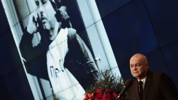 International Information Agency Rossiya Segodnya Director General Dmitry Kiselev at the memorial ceremony for the agency's photo correspondent Andrei Stenin who was killed while covering the war in Ukraine. - Sputnik International