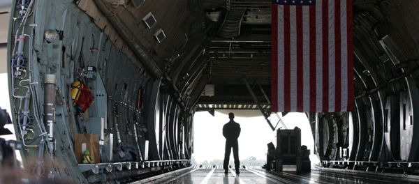 A serviceman stands inside the US military transport aircraft C-5 Galaxy. File photo - Sputnik International