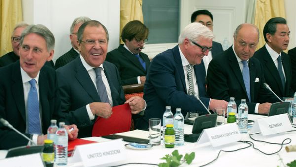 Britain's Foreign Secretary Philip Hammond, Russian Foreign Minister Sergei Lavrov, German Foreign Minister Frank-Walter Steinmeier, French Foreign Minister Laurent Fabius and Chinese Foreign Minister Wang Yi, from left Britain's Foreign Secretary Philip Hammond, Russian Foreign Minister Sergei Lavrov, German Foreign Minister Frank-Walter Steinmeier, French Foreign Minister Laurent Fabius and Chinese Foreign Minister Wang Yi, from left - Sputnik International