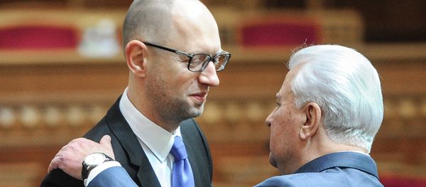 Ukrainian Prime Minister Arseny Yatsenyuk, left, and former President Leonid Kuchma during Ukraine's new parliament first session in Kiev. Ukrainian Prime Minister Arseny Yatsenyuk, left, and former President Leonid Kuchma during Ukraine's new parliament first session in Kiev. - Sputnik International