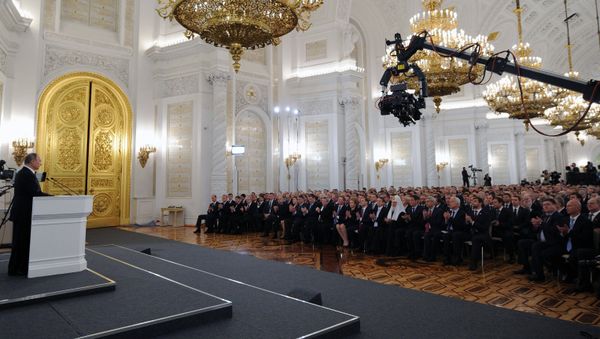 December 4, 2014. Russian President Vladimir Putin delivers the annual Presidential Address to the Federal Assembly at the Kremlin's St. George's Hall. December 4, 2014. Russian President Vladimir Putin delivers the annual Presidential Address to the Federal Assembly at the Kremlin's St. George's Hall. - Sputnik International