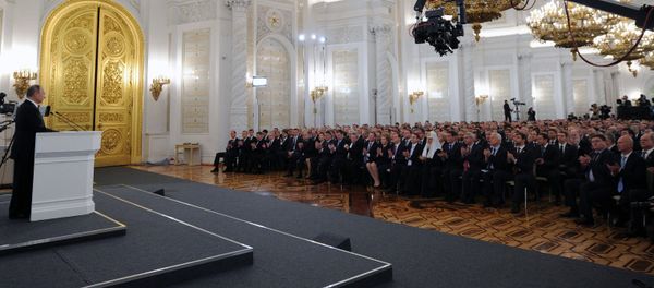 December 4, 2014. Russian President Vladimir Putin delivers the annual Presidential Address to the Federal Assembly at the Kremlin's St. George's Hall. December 4, 2014. Russian President Vladimir Putin delivers the annual Presidential Address to the Federal Assembly at the Kremlin's St. George's Hall. - Sputnik International