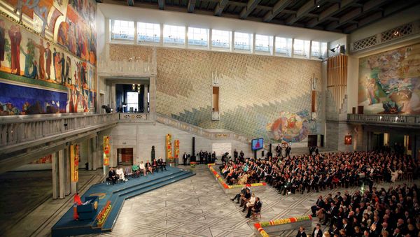 Nobel Peace Prize laureate Malala Yousafzai (L) delivers her speech during the Nobel Peace Prize awards ceremony at the City Hall in Oslo December 10, 2014. Pakistani teenager Yousafzai, shot by the Taliban for refusing to quit school, and Indian activist Kailash Satyarthi received their Nobel Peace Prizes on Wednesday after two days of celebration honouring their work for children's rights. Nobel Peace Prize laureate Malala Yousafzai (L) delivers her speech during the Nobel Peace Prize awards ceremony at the City Hall in Oslo December 10, 2014. Pakistani teenager Yousafzai, shot by the Taliban for refusing to quit school, and Indian activist Kailash Satyarthi received their Nobel Peace Prizes on Wednesday after two days of celebration honouring their work for children's rights. - Sputnik International