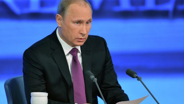 During his annual press conference Russian President Vladimir Putin said that the estimated surplus of Russia's budget would be at 0.2 percent GDP for 2014. During his annual press conference Russian President Vladimir Putin said that the estimated surplus of Russia's budget would be at 0.2 percent GDP for 2014. - Sputnik International