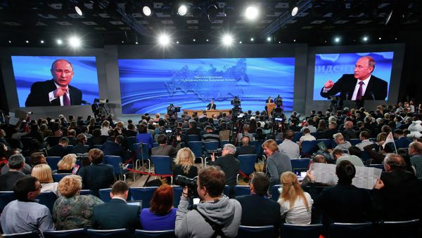 Russian President Vladimir Putin held the tenth annual press conference. The president talked about several important issues, including Ukraine, the fall of ruble, economic problems and relations with the West. Russian President Vladimir Putin held the tenth annual press conference. The president talked about several important issues, including Ukraine, the fall of ruble, economic problems and relations with the West. - Sputnik International