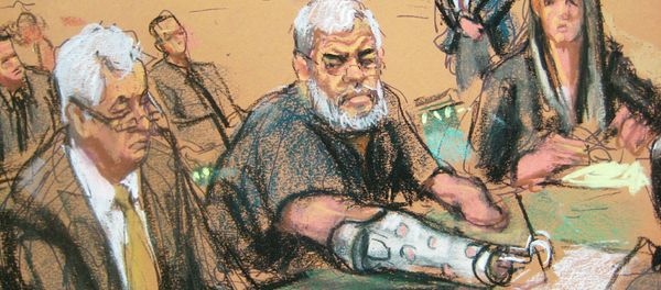 A courtroom sketch shows Abu Hamza, 56, seated with his defense lawyers Sam A. Schmidt (L) and Lindsay Lewis (R) in U.S. District court in Manhattan, New York, January 9, 2015 A courtroom sketch shows Abu Hamza, 56, seated with his defense lawyers Sam A. Schmidt (L) and Lindsay Lewis (R) in U.S. District court in Manhattan, New York, January 9, 2015 - Sputnik International