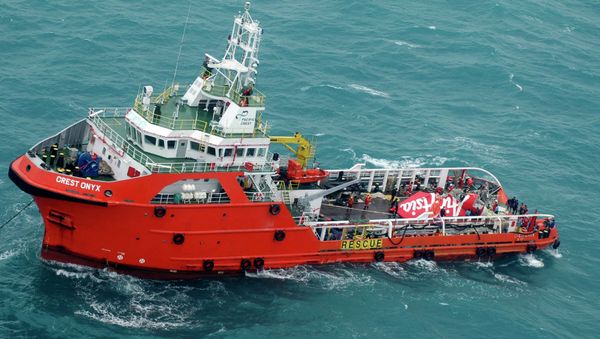 The tail of AirAsia QZ8501 passenger plane is seen on the deck of a the Indonesian Search and Rescue (BASARNAS) ship Crest Onyx after it was lifted from the sea bed, south of Pangkalan Bun, Central Kalimantan January 10, 2015. - Sputnik International