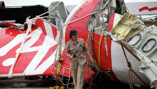 An Airbus investigator walks near part of the tail of the AirAsia QZ8501 passenger plane in Kumai Port, near Pangkalan Bun, Central Kalimantan January 12, 2015. - Sputnik International