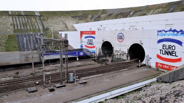 A picture taken on February 10, 2014 near Coquelles, northern France, shows the entrance of the Eurotunnel - Sputnik International