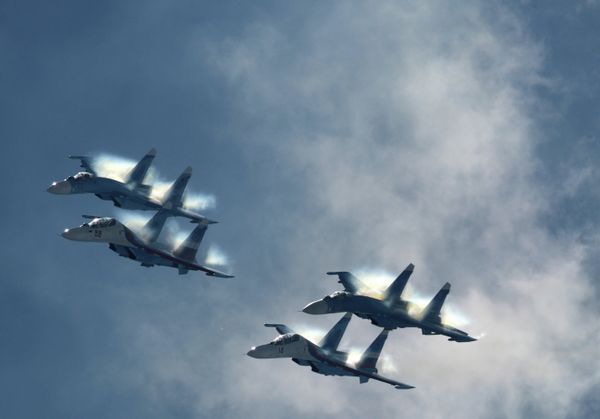 The Su-27 fighters of the Russian Air Force's Russian Falcons aerobatic team at the MAKS-2011 International Aviation and Space Show. The Su-27 fighters of the Russian Air Force's Russian Falcons aerobatic team at the MAKS-2011 International Aviation and Space Show. - Sputnik International